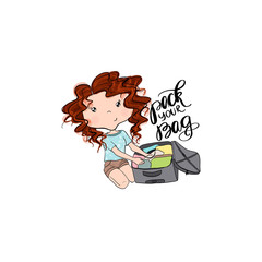 Fototapeta premium Red Hair Girl Packs A Suitcase Isolated On A White Background Pack Your Bag Hand Drawn Illustration