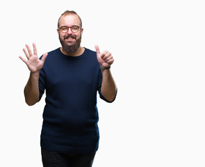 Fototapeta premium Young caucasian hipster man wearing sunglasses over isolated background showing and pointing up with fingers number six while smiling confident and happy.