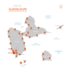 Stylized vector Guadeloupe map showing big cities, capital, administrative divisions.