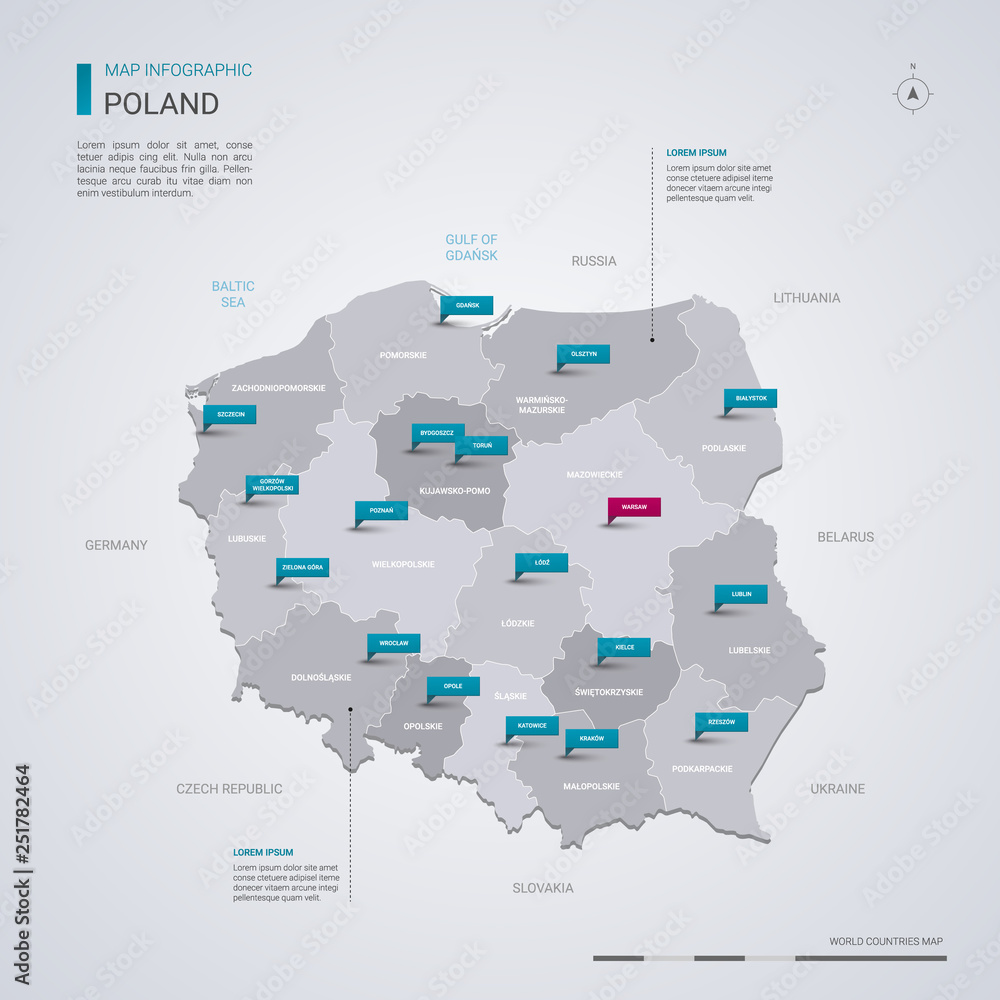 Wall mural poland vector map with infographic elements, pointer marks.