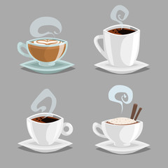 Cartoon set of different coffee cups. White and clean glass cups with cappuccino, black coffee, latte with heart draw milk cream. Vector illustrations isolated on grey background.