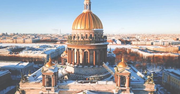 Saint Isaac's Cathedral, Isaakievskiy Sobor from bird view. Ancient temple, architecture in the winter city. 4K Drone. ST. PETERSBURG, Russia.