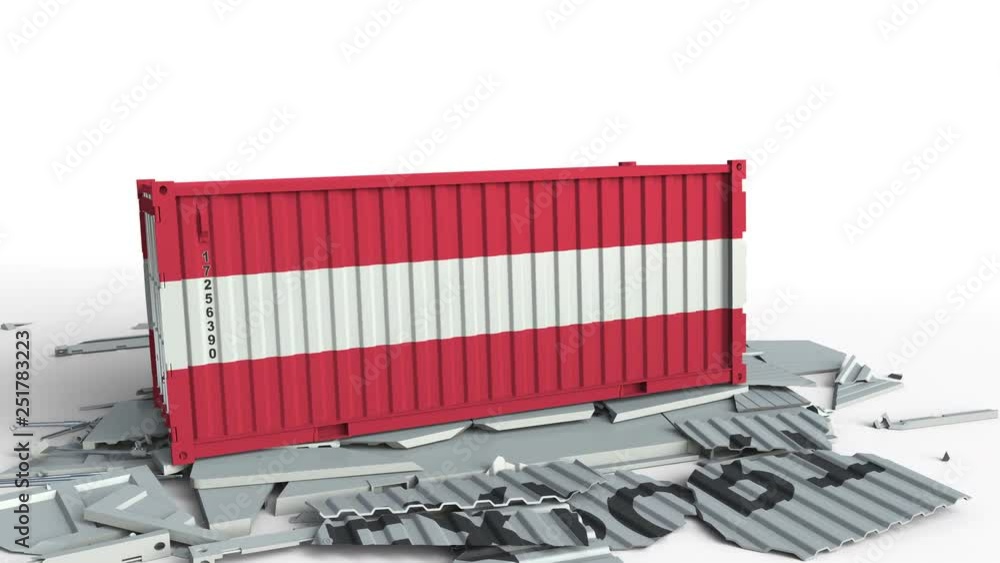 Poster cargo container with flag of austria breaks container with export text. conceptual 3d animation