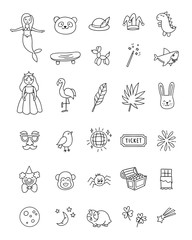 Kids hand drawn vector icons on white background. Cute children's symbols: toys, princess, animals