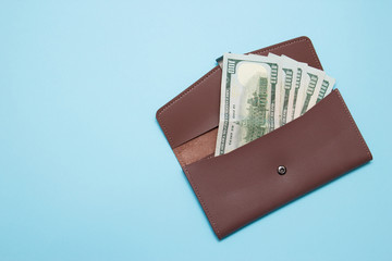 Woman skin wallet with dollars on blue background. Top view