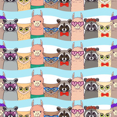 Seamless pattern with cute Llamas, racoons and owls with trendy accessories - glasses, bow-tie, flowers, scarf. Print for fabric, t-shirt, poster. Vector illustration