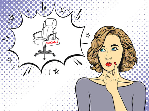The girl thinks about work searches or vacancy. Woman in comic style. Pop Art vintage vector illustration