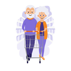 Happy old women and men with shopping cart in grocery store or supermarket. Cute grandparents. Elderly couple. Cartoon character. Vector illustration