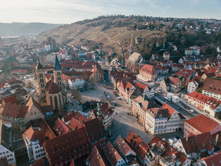 beautiful aerial drone shot of the cityscape of a nice old and medieval city called Esslingen am Neckar in the South of Germany near Stuttgart 