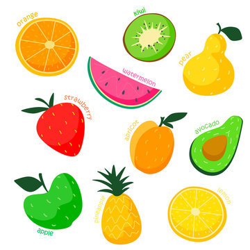 Vector isolated  funny set of decorative cartoon fruit for print. Set of isolates on a white background