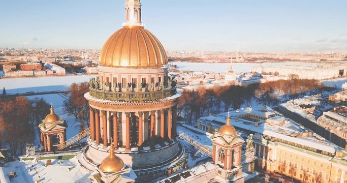 Saint Isaac's Cathedral, Isaakievskiy Sobor from bird view. Ancient temple, architecture in the winter city. 4K Drone. ST. PETERSBURG, Russia.