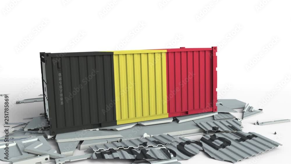 Poster cargo container with flag of belgium breaks container with export text. conceptual 3d animation