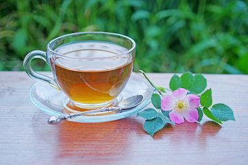 Cup of tea and wild rose flower