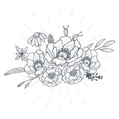 Vector Bouquet Of Hand Drawn Sketches With Plants. Botanical Set Monochrome Image Of Wild Of Sketch Flowers And Branches. Black And White Collection Elements For Coloring.