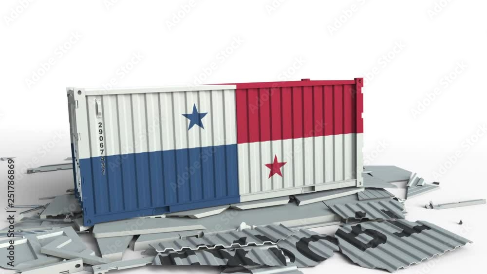 Aufkleber container with flag of panama breaking container with export text. conceptual 3d animation