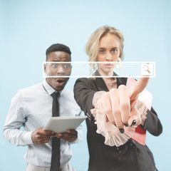 Businesswoman finger touching empty search bar, modern business background concept - can be used...