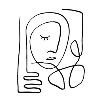 recommend clip art: Simple hand drawn black and white trendy line portrait art. Abstract composition