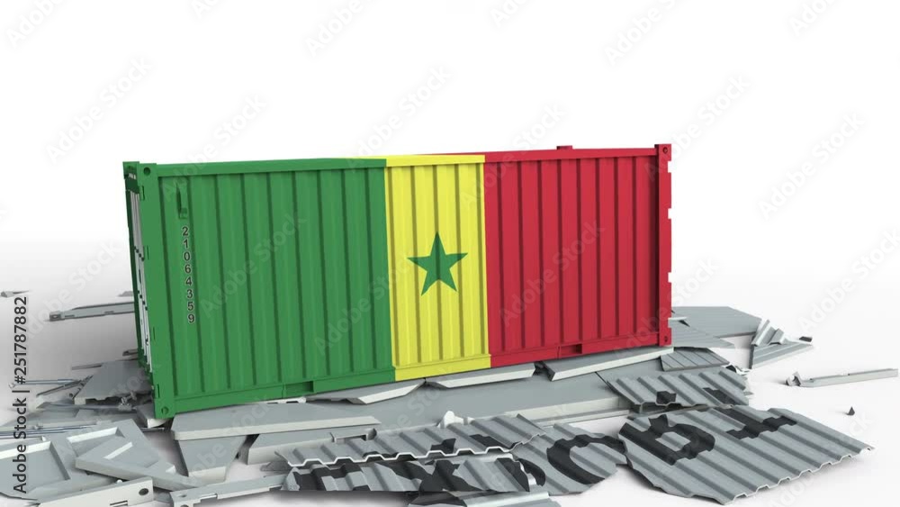 Aufkleber container with export text being crashed with container with flag of senegal, conceptual 3d animatio