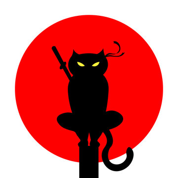 cat ninja illustration vector. a cat with a bandage. martial arts. Japan Red Sun