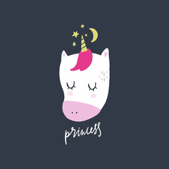 Vector nursery lettering doodle poster and postcard with unicorn in scandinavian style