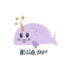 Vector nursery lettering doodle poster and postcard with cute unicorn seal in scandinavian style