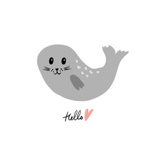 Vector nursery lettering doodle poster and postcard with cute seal in scandinavian style