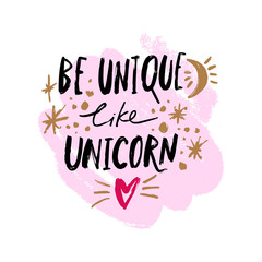 Vector nursery lettering doodle poster and postcard with unicorn text in scandinavian style