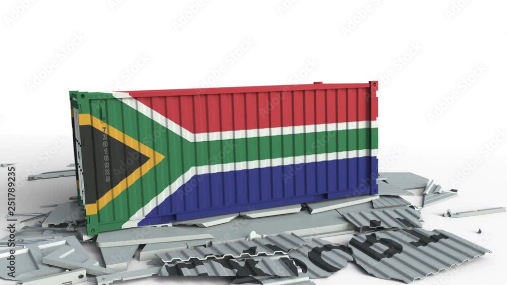Poster container with export text being crashed with container with flag of south africa, conceptual 3d ani