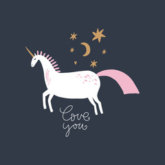 Vector nursery lettering doodle poster and postcard with unicorn in scandinavian style
