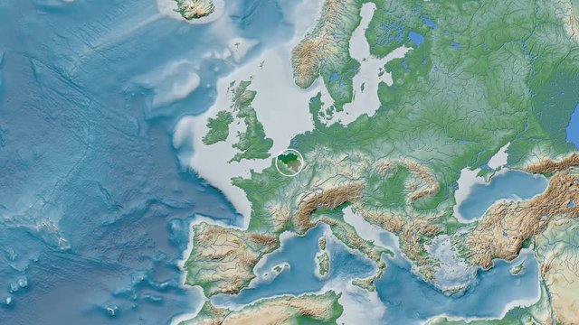 Belgium area presented against the global physical map in the Patterson Cylindrical projection with animated oblique transformation