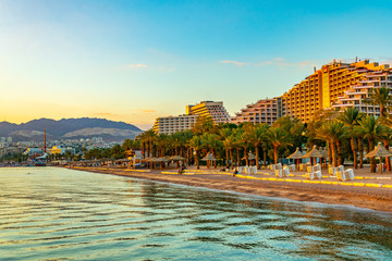 Sunset view of a beach in Eilat, Israel