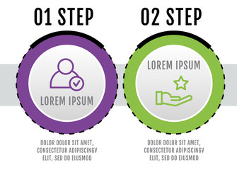 Fototapeta premium Modern vector illustration. Infographic circles template with two elements, sectors, icons. Designed for business, presentations, web design, interface, workflow layout, diagrams with 2 steps