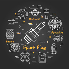 Vector black linear banner of spark plug