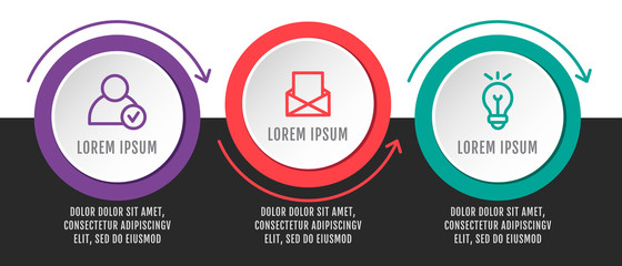 Modern vector illustration 3D. Infographic circles template with three elements, arrows, icons. Designed for business, presentations, web design, interface, workflow layout, diagrams with 3 steps