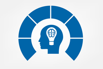 Head, lightbulb, brain.  Template infographic. Monochrome. Blue. 6 positions