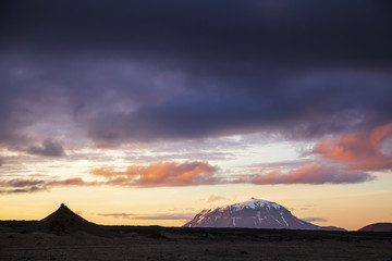 Dramatic sunset over Herdubreid tuya mountain  Odadahraun lava field Highlands of Iceland Scandinavia
