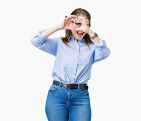 Beautiful middle age mature business woman wearing glasses over isolated background Doing heart shape with hand and fingers smiling looking through sign