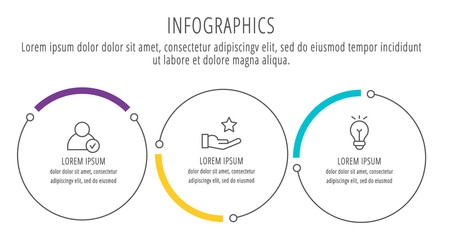 Modern and simple flat vector illustration. Infographic template with three circles, elements, sectors and percentages. Designed for business, presentations, web design, interface 3 step diagrams.