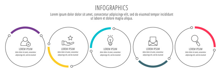 Modern and simple flat vector illustration. Infographic template with five circles, elements, sectors and percentages. Designed for business, presentations, web design, interface 5 step diagrams