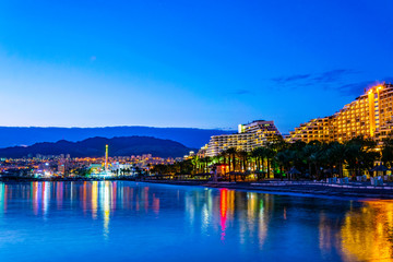 Sunset view of hotels in israeli holiday resort Eilat, Israel