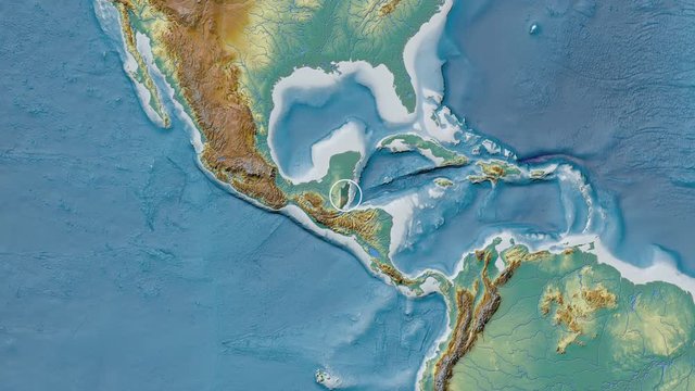 Belize area presented against the global relief map in the Fahey projection with animated oblique transformation