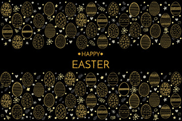 Happy Easter greeting card. Happy Easter phrase and hand drawing eggs, stars, flowers and circles isolated on dark background.