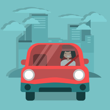recommend clip art: Young character driving a red car. Urban lifestyle. Flat cartoon illustration, clip art