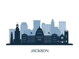 Jackson skyline, monochrome silhouette. Vector illustration. - obrazy, fototapety, plakaty
