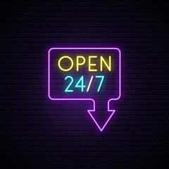 Open 24/7 neon sign. Light vector banner. Realistic glowing design element in arrow frame for around clock open Club, Bar, Cafe or Store. Vector illustration.