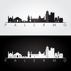 Palermo skyline and landmarks silhouette, black and white design, vector illustration. - obrazy, fototapety, plakaty