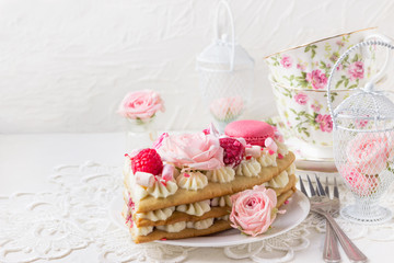 A piece of cake with flowers. Romantic Valentine's Day breakfast.