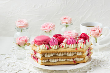 A piece of cake with flowers. Romantic Valentine's Day breakfast.