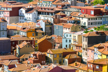 Porto, Portugal old town ribeira aerial promenade view with colorful houses