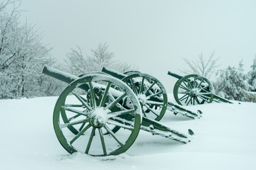 Fototapeta na wymiar Old metal cannons covered with snow